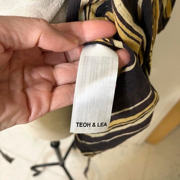 Teoh & Lea Womens Top Size Large Striped Embroidered Belted Gray Yellow Cotton - Picture 8 of 16